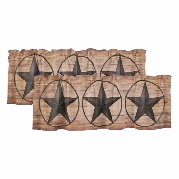 Western Texas Star Barn Window Valance, Rustic Brown Wood Grain 2 Pack Decorative Curtain for Small Windows, Light Filtering Valance with 3” Rod Pocket, 42"W x 12"L