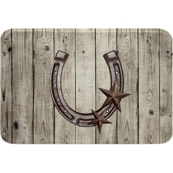 Western Texas Star Bathroom Rug 16"X24" Rustic Farm Stars Horseshoe Non Slip Bath Mat Vintage Country Grey Wooden Barn Door Door Mat Gifts for Cowboys,Farmhouse Cabin Lodge Bath Rug