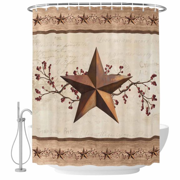 Western Texas Star Bathroom Shower Curtains with Hooks, Vintage Rust Red Star Berry Beige Wood Grain Waterproof Fabric Washable Shower Curtain for Home Hotel Bathtub Decor 60x72 Inch