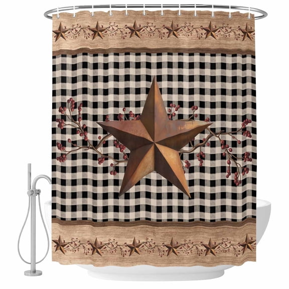 Western Texas Star Bathroom Shower Curtains with Hooks, Vintage Rust Red Star Berry Black White Plaid Wood Grain Waterproof Fabric Washable Shower Curtain for Home Hotel Bathtub Decor 60x72 Inch