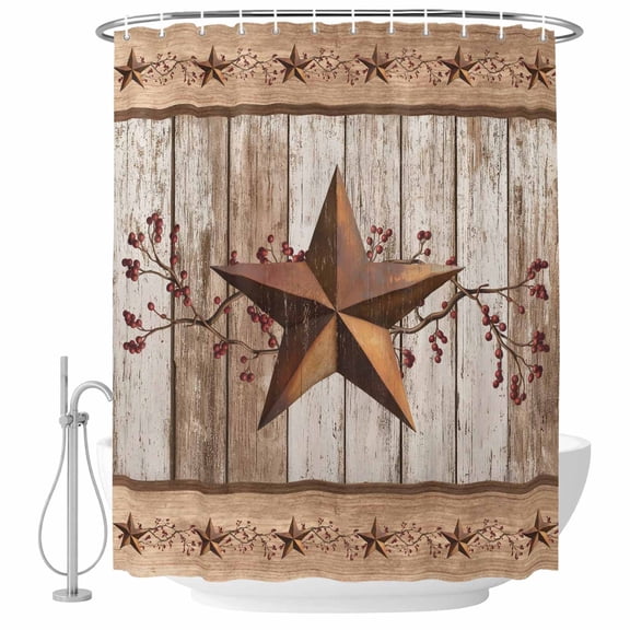 Western Texas Star Bathroom Shower Curtains with Hooks, Vintage Rust Red Star Berry Brown White Wood Grain Waterproof Fabric Washable Shower Curtain for Home Hotel Bathtub Decor 72x72 Inch