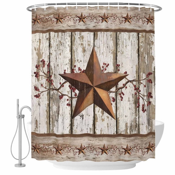 Western Texas Star Bathroom Shower Curtains with Hooks, Vintage Rust Red Star Berry White Wood Grain Waterproof Fabric Washable Shower Curtain for Home Hotel Bathtub Decor 54x78 Inch