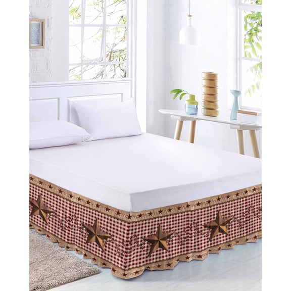 Western Texas Star Bed Skirt California King Size 16 Inch Drop, Vintage Rust Red Star Berry Red Plaid Wood Grain Adjustable Elastic Dust Ruffles Bedskirt Wrap Around Pleated Mattress Frame Cover