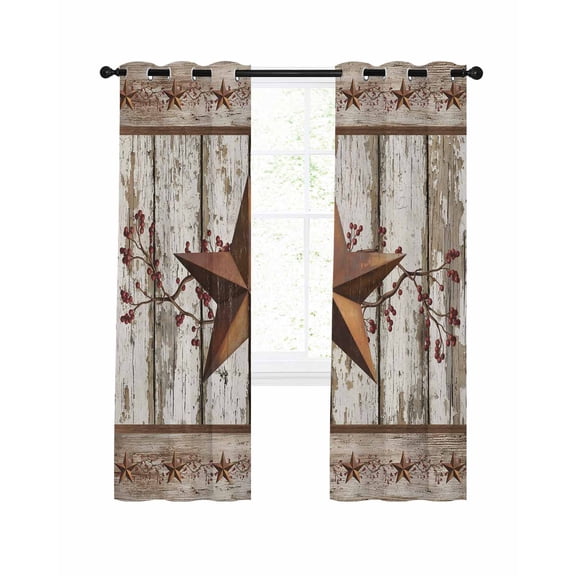 Western Texas Star Blackout Curtains 45 Inch Length Vintage Rust Red Star Berry White Wood Grain Thermal Insulated Window Curtain Window Drapes 2 Panels for Bedroom Living Room 52"Wx45"L