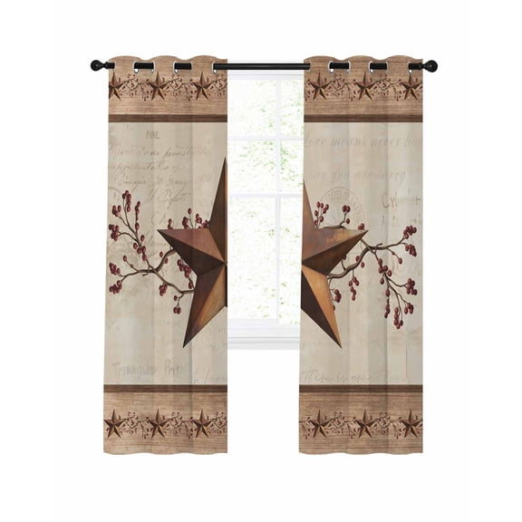 Western Texas Star Blackout Curtains 63 Inch Length Vintage Rust Red Star Berry Beige Wood Grain Thermal Insulated Window Curtain Window Drapes 2 Panels for Bedroom Living Room 52"Wx63"L