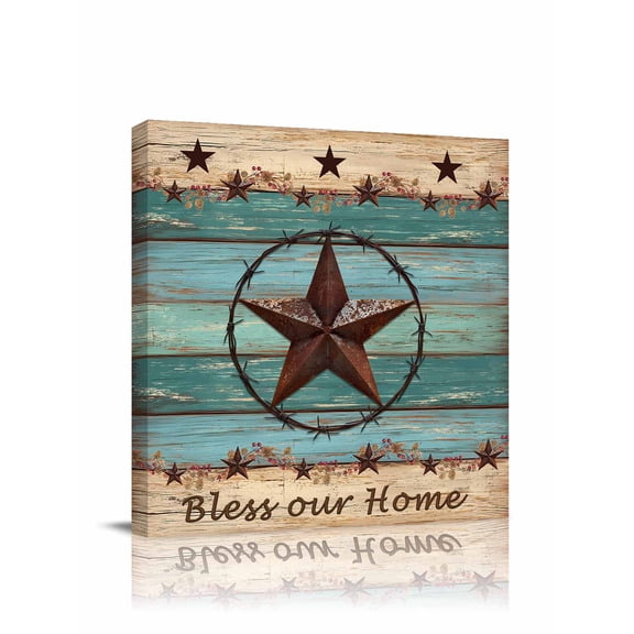 Western Texas Star Canvas Wall Art, Retro Turquoise Wooden Rustic Farmhouse Framed Wall Decor Modern Artwork Prints Painting for Living Room, Bedroom, Kitchen & Cafe Decor 20x20 Inch