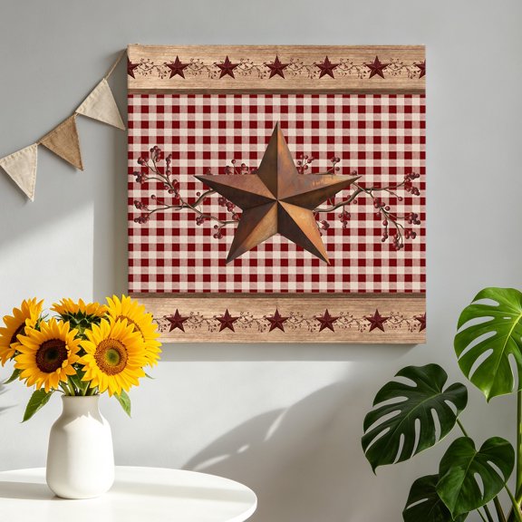 Western Texas Star Canvas Wall Art, Vintage Rust Red Star Berry Red Plaid Wood Grain Framed Canvas Wall Decor Picture Print Artwork Decorations for Living Room Office Ready to Hang 8" x 8"