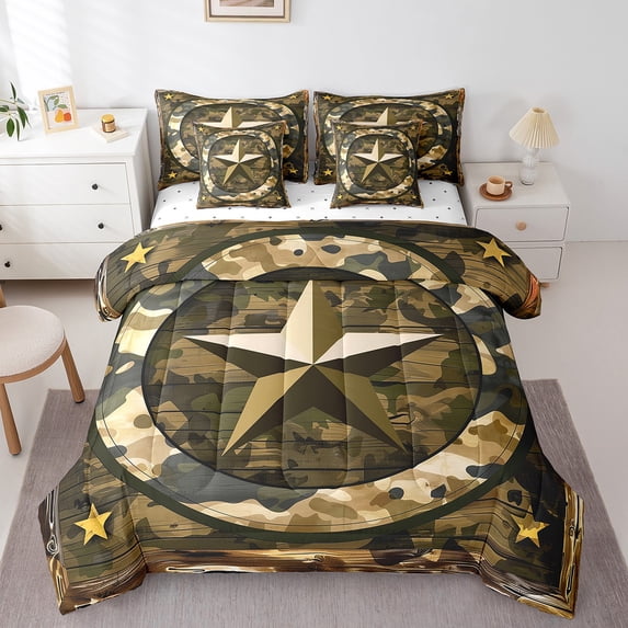 Western Texas Star Comforter Set,7 Pieces Camouflage Queen Bed in a Bag,Vintage Military Army Green Camo Bedding Sets with 1 Comforter,1 Flat Sheet,1 Fitted Sheet,2 Pillowcase,2 Pillow Sham