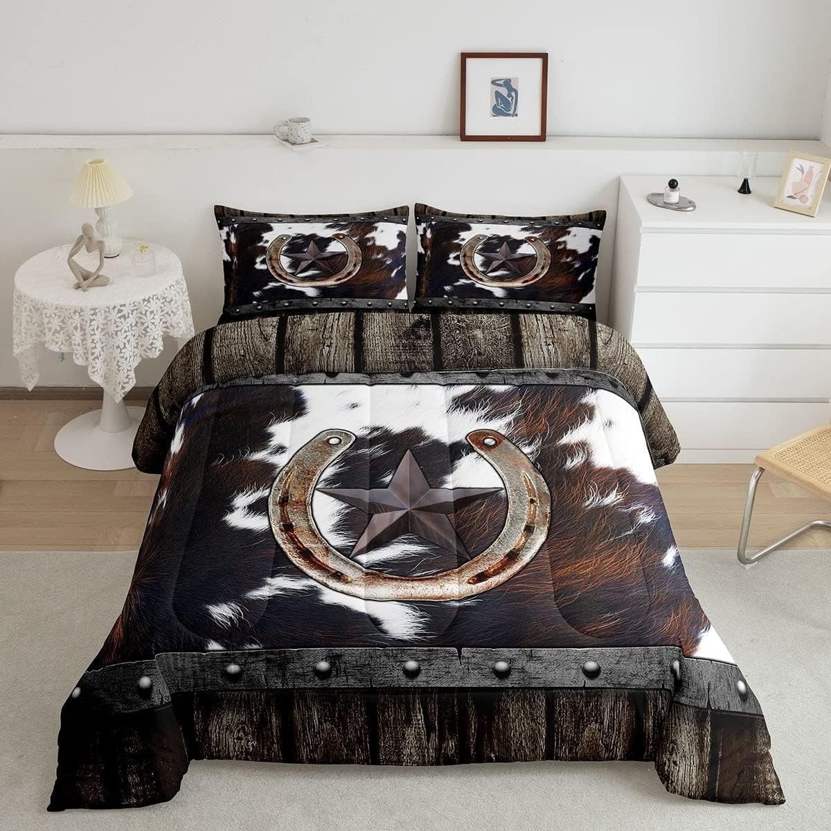 Western Texas Star Comforter Set Cowhide Horseshoe Bedding Sets Adults Men Full,Rustic Farmhouse Barn Door Down Comforter Country Farm Highland Cow Quilt Duvet Cowboys Room Decor