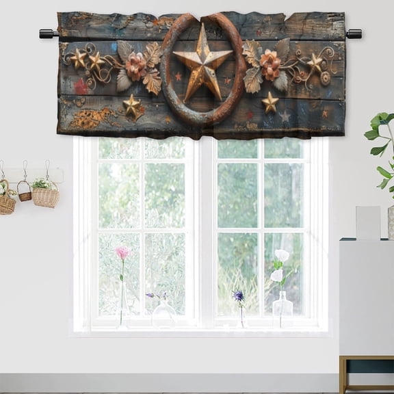 Western Texas Star Curtain Valance for Kitchen Retro Rustic Wooden Board Flowers Window Valance for Living Room Bedroom, Kitchen Valance Rod Pocket Window Decor Curtain