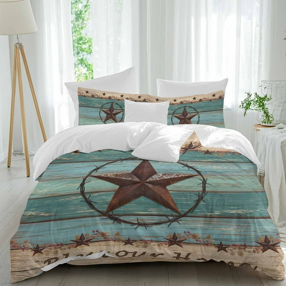 Western Texas Star Duvet Cover Set Full Size Retro Turquoise Wooden Rustic Farmhouse Soft Lightweight Comforter Covers 4 Piece Bedding Set with 1 Duvet Cover 1 Bed Sheet & 2 Pillow Shams