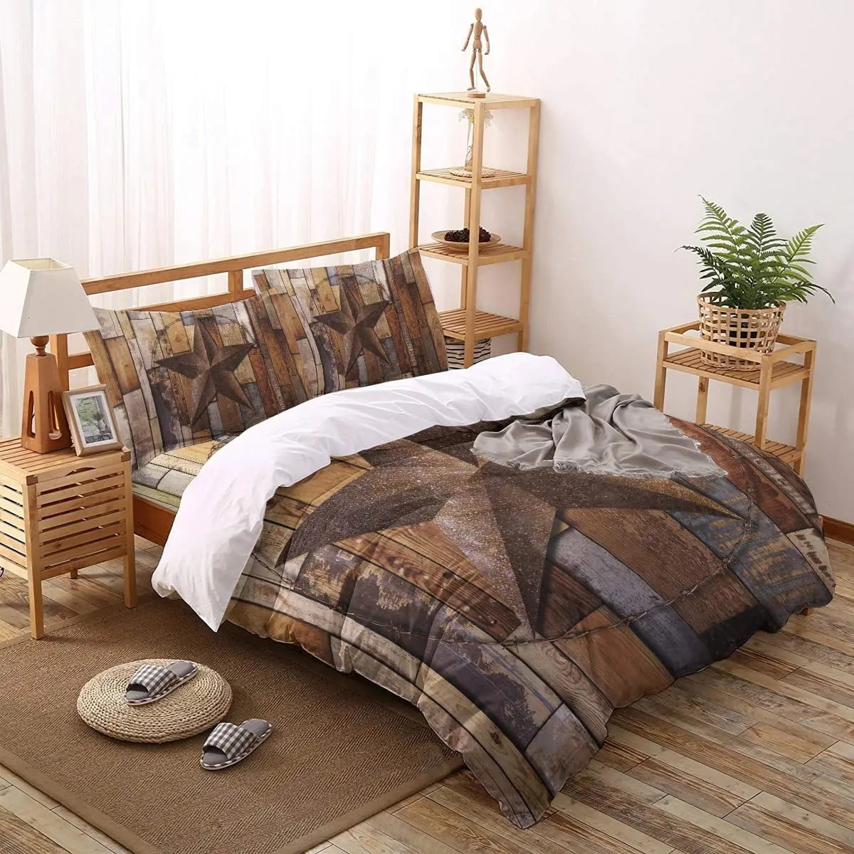 Western Texas Star Duvet Cover Set Full Size Rustic Wood Grain Bedding