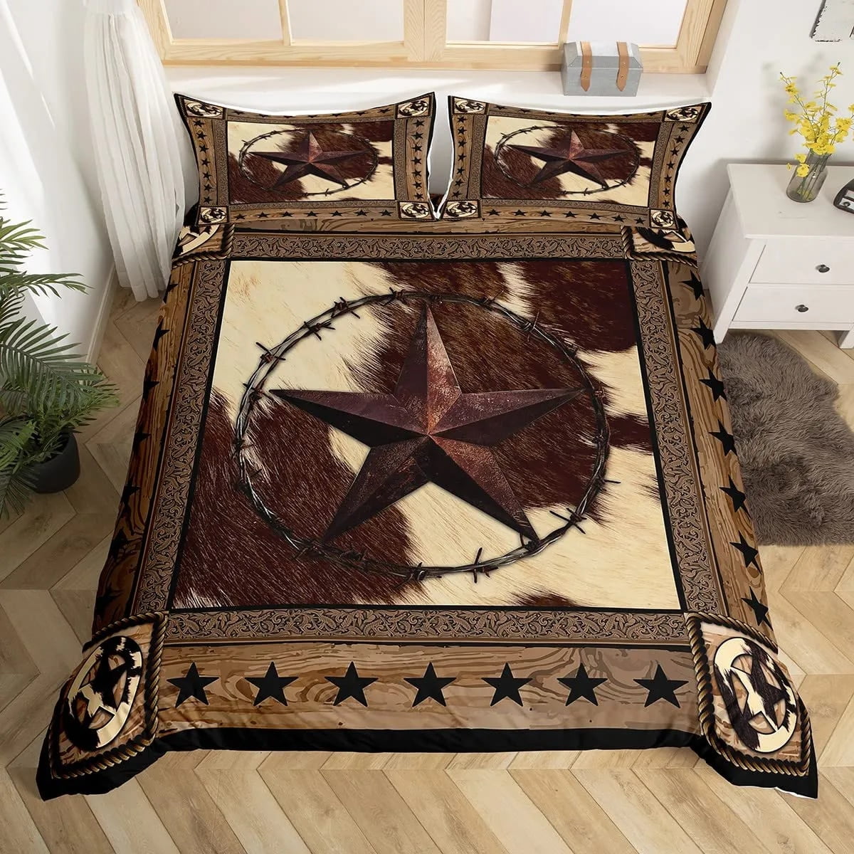 Western Texas Star Duvet Cover Set Full Size Rustic Wood Grain Bedding