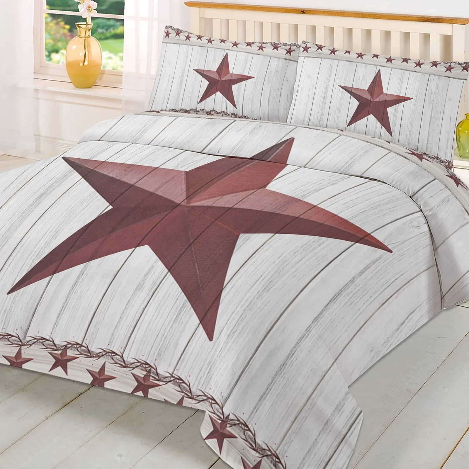 Western Texas Star Duvet Cover Set Full Size Rustic Wood Grain Bedding