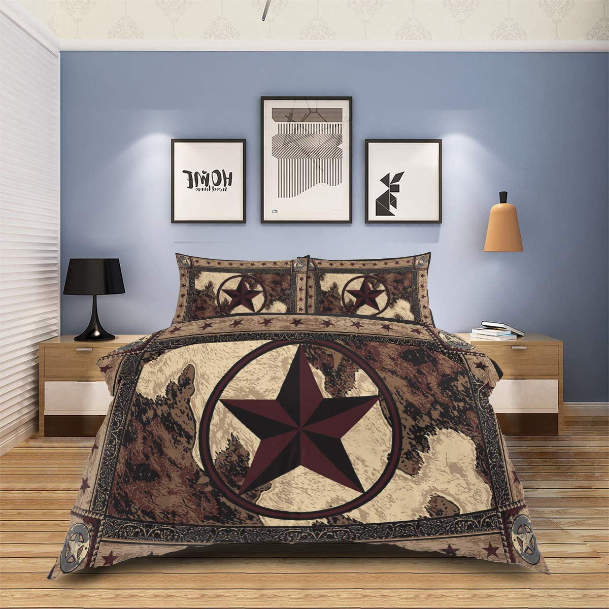 Western Texas Star Duvet Cover Set Full Size Rustic Wood Grain Bedding