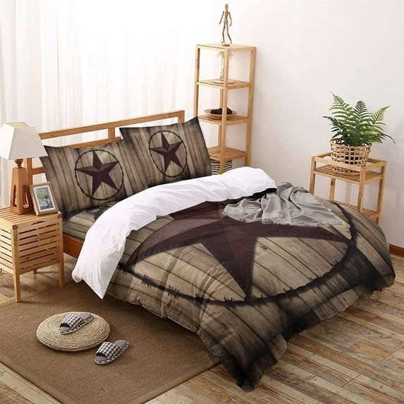 Western Texas Star Duvet Cover Set Full Size Rustic Wood Grain Bedding Set Vintage Style Comforter