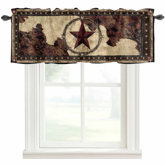 Western Texas Star Farmhouse Short Window Curtain Valances, Retro Rustic Brown Farmhouse Rod Pocket Kitchen Valances for Living Room Bedroom Bathroom Cafe 42" x 12"