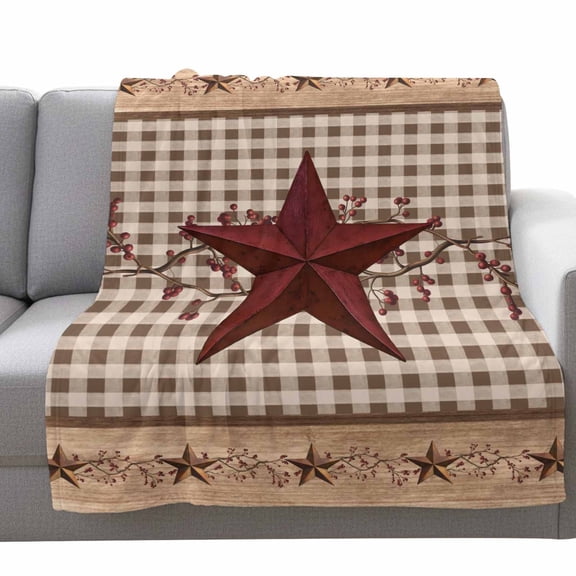 Western Texas Star Fleece Throw Blanket Lightweight Vintage Red Star Berry Black Plaid Wood Grain Fuzzy Flannel Throws Super Soft Cozy Flannel Blanket for Couch, Sofa, Bed, Travel 60"x80"