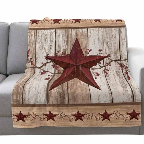 Western Texas Star Fleece Throw Blanket Lightweight Vintage Red Star Berry Brown White Wood Grain Fuzzy Flannel Throws Super Soft Cozy Flannel Blanket for Couch, Sofa, Bed, Travel 60"x80"
