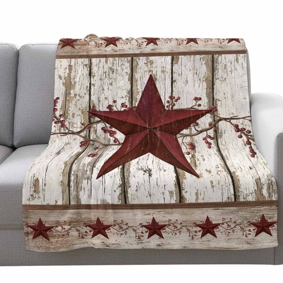 Western Texas Star Fleece Throw Blanket Lightweight Vintage Red Star Berry White Wood Grain Fuzzy Flannel Throws Super Soft Cozy Flannel Blanket for Couch, Sofa, Bed, Travel 60"x80"
