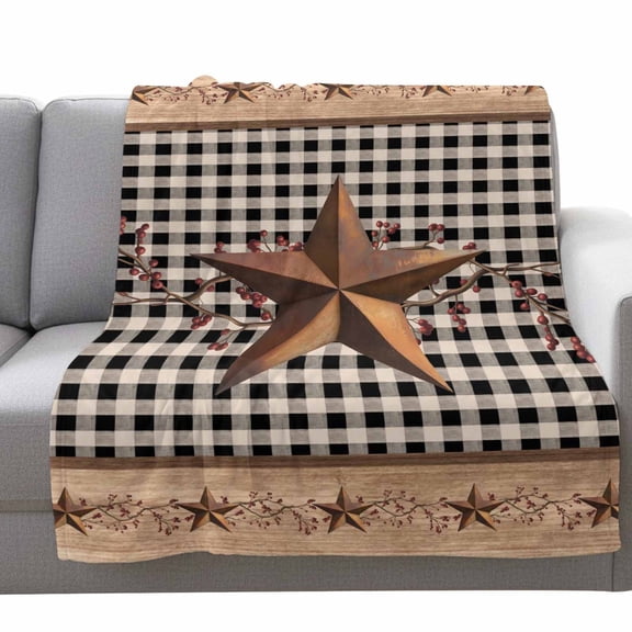 Western Texas Star Fleece Throw Blanket Lightweight Vintage Rust Red Star Berry Black White Plaid Wood Grain Fuzzy Flannel Throws Super Soft Cozy Flannel Blanket for Couch, Sofa, Bed, Travel 50"x80"