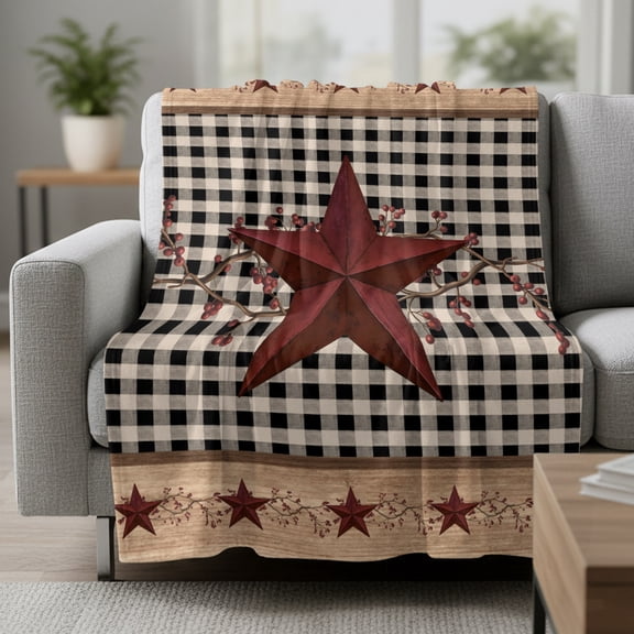 Western Texas Star Fleece Throw Blanket Vintage Red Star Berry Black Plaid Ultra Soft Fuzzy Cozy Flannel Throw Blanket for Couch Sofa Bed Car Travel, Ideal Gifts 40x50 Inches