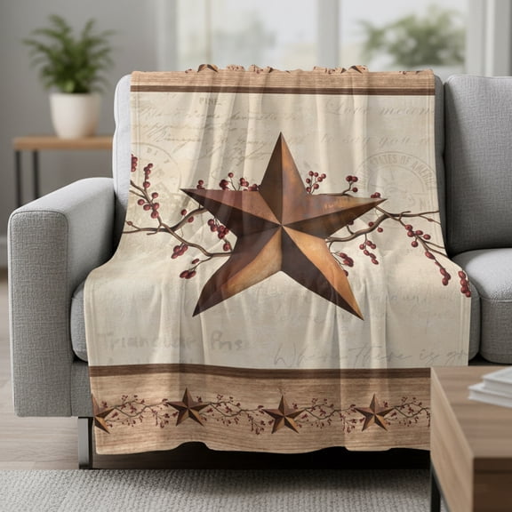 Western Texas Star Fleece Throw Blanket Vintage Rust Red Star Berry Beige Wood Grain Ultra Soft Fuzzy Cozy Flannel Throw Blanket for Couch Sofa Bed Car Travel, Ideal Gifts 30x40 Inches