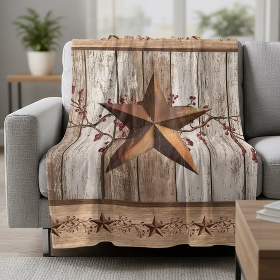 Western Texas Star Fleece Throw Blanket Vintage Rust Red Star Berry Brown White Wood Grain Ultra Soft Fuzzy Cozy Flannel Throw Blanket for Couch Sofa Bed Car Travel, Ideal Gifts 30x40 Inches