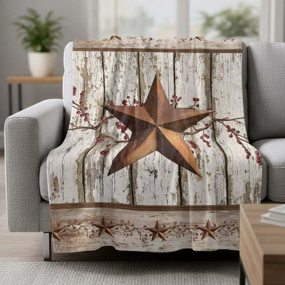 Western Texas Star Fleece Throw Blanket Vintage Rust Red Star Berry White Wood Grain Ultra Soft Fuzzy Cozy Flannel Throw Blanket for Couch Sofa Bed Car Travel, Ideal Gifts 50x60 Inches