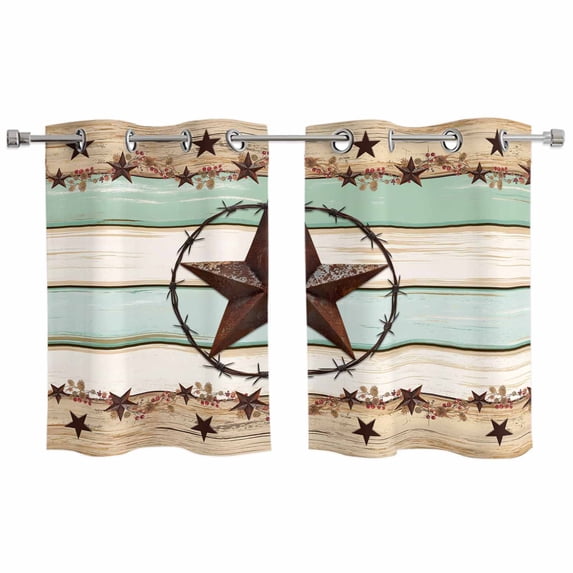 Western Texas Star Green Kitchen Curtains Small Short 39 Inch Length, Farmhouse Brown Country Vintage Grommet Bedroom Living Room Curtains, Light Filtering Cafe Curtain Drapes 2 Panels Set 55''x39''