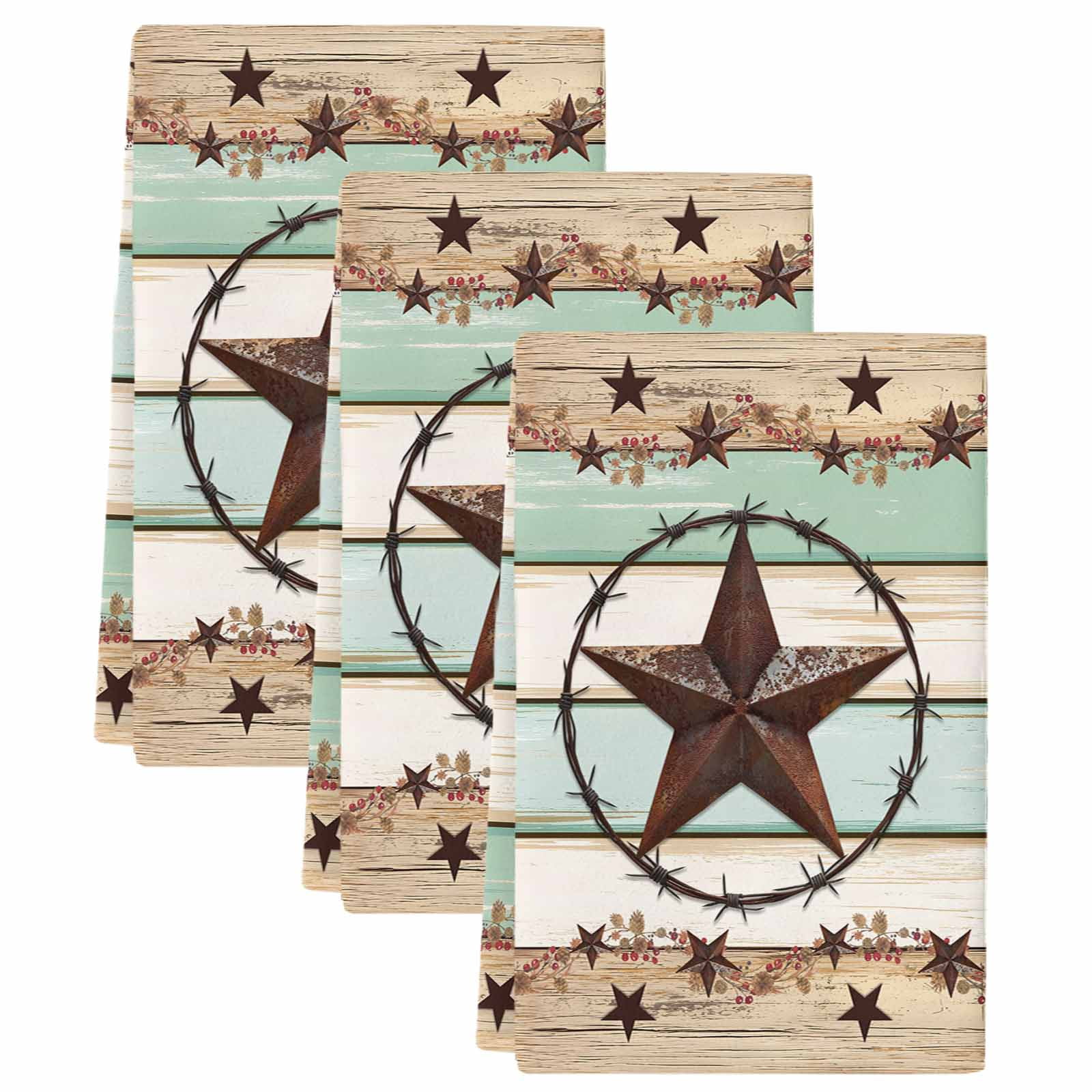 Western Texas Star Green Kitchen Towels Set of 3, Farmhouse Brown Country Vintage Soft Microfiber Dish Towels, Absorbent Washable Dishcloths for Kitchen Cleaning, Drying Dishes, 18x28 Inches
