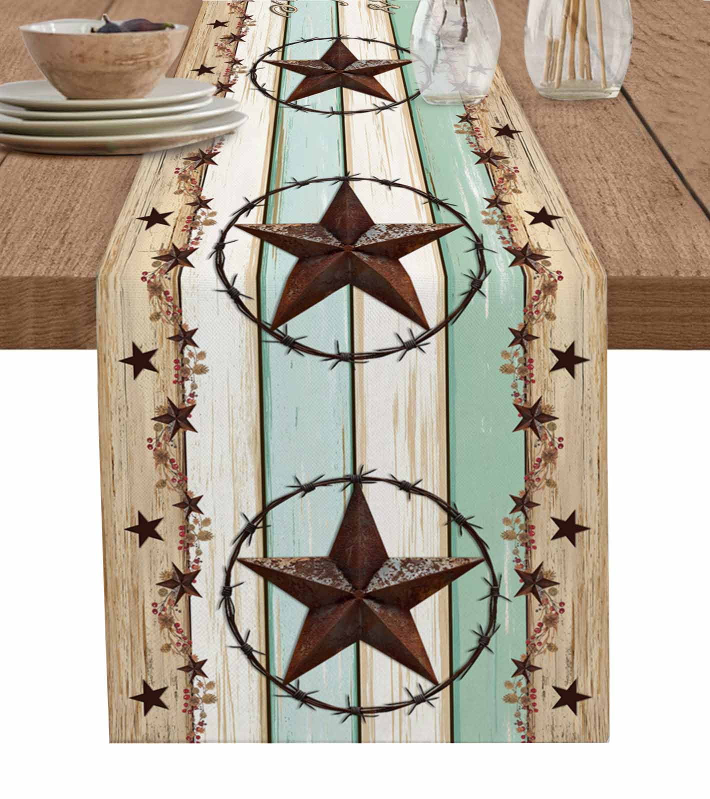 Western Texas Star Green Table Runner 72 Inches, Farmhouse Brown Country Vintage Bed Runner Dresser Scarves Tabletop for Indoor Outdoor Parties/Ceremony/Banquet, 13" x 72"