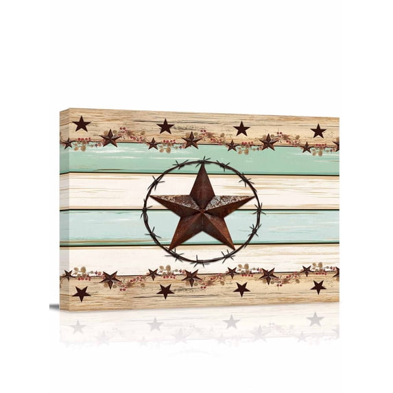 Western Texas Star Green Wall Art for Living Room,Canvas Picture Wall Decor for Bathroom Bedroom,Farmhouse Brown Country Vintage Painting Artwork for Office Kitchen Hallway Dining Room Decor 24"x32"