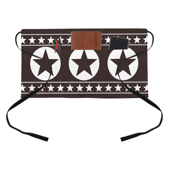Western Texas Star Half Waist Apron Vintage Simple Brown White Stars Brown Short Waiter Aprons with 3 Pockets for Women Men Kitchen Restaurant Cooking