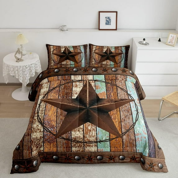 Western Texas Star Comforter Set Full Size,Vintage Wooden Plank Bedding Set,Adults Bedroom Decor,Rustic Farmhouse West Cowboy Down Comforter,Brown Retro Duvet Insert