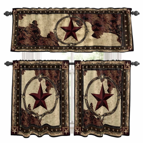 Western Texas Star Kitchen Curtains Sets for Windows 36 Inch Length, Retro Rustic Brown Farmhouse Rod Pocket Window Treatments Tier Curtains and Valances Set for Bedroom/Bathroom