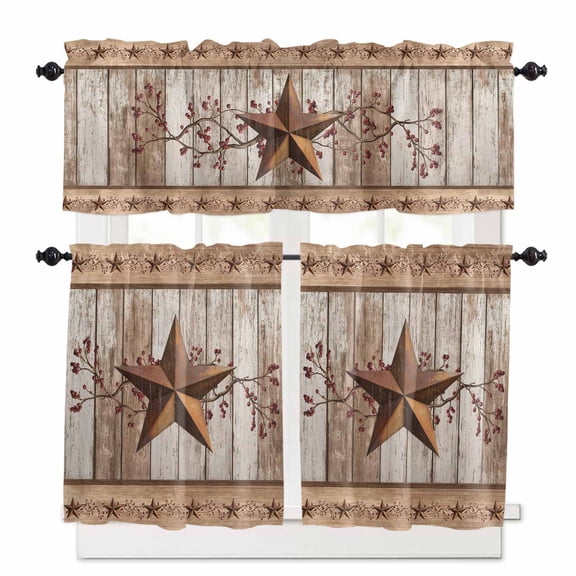 Western Texas Star Kitchen Curtains Valance and Tier Set Vintage Rust Red Star Berry Brown White Wood Grain Short Curtains for Small Window 3 Pieces Set for Bedroom Cafe (54" x 18"+27" x 24")