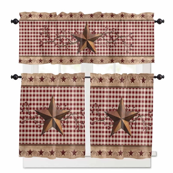 Western Texas Star Kitchen Curtains Valance and Tier Set Vintage Rust Red Star Berry Red Plaid Wood Grain Short Curtains for Small Window 3 Pieces Set for Bedroom Bathroom Cafe (54" x 18"+27" x 36")