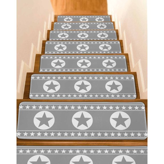 Western Texas Star Non-Slip Stair Treads for Wooden Steps Vintage Simple Gray White Stars Grey Indoor Carpet Stair Runners 4PCS 8x30 in with Adhesive for Pets and Seniors