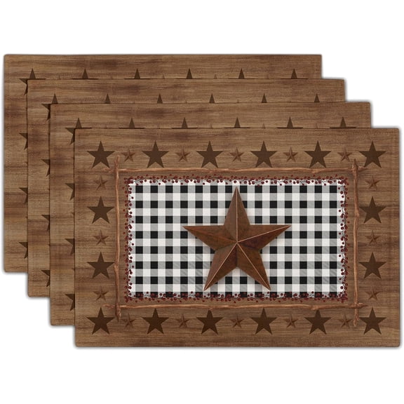 Western Texas Star Placemats for Dining Table Set of 4,Buffalo Plaid Country Wooden Plank Table Mats 18 x12 Inch Non-Slip Dining Table Place Mats for Party Kitchen Indoor Decor