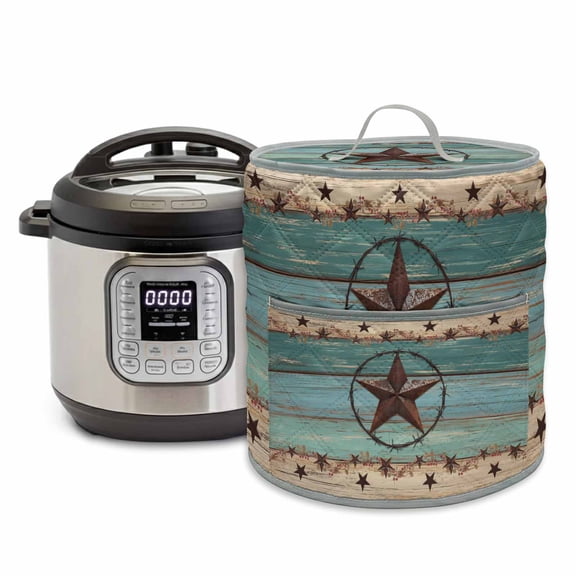 Western Texas Star Pressure Cooker Cover Retro Turquoise Wooden Rustic Farmhouse Dust Cover for Kitchen Appliances with Top Handle & Storage Pockets, Fits 6 Quart Instant Pot, Air Fryer, Crock Pot