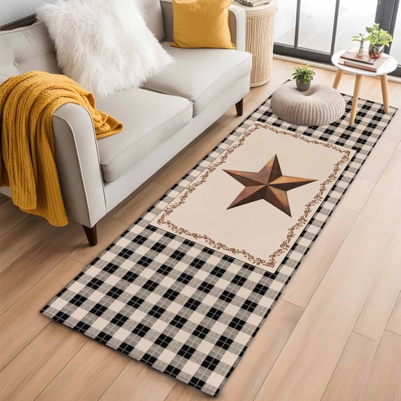 Western Texas Star Retro 2'x6' Runner Rugs for Hallway Kitchen Bedside Non Slip, Rustic Vintage Berry Black Beige Plaid Entryway Rug Runners with Rubber Backing, Long Carpet Runner for Laundry Room