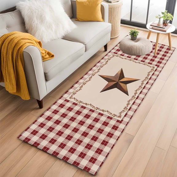 Western Texas Star Retro 2'x6' Runner Rugs for Hallway Kitchen Bedside Non Slip, Rustic Vintage Farm Red Beige Plaid Entryway Rug Runners with Rubber Backing, Long Carpet Runner for Laundry Room