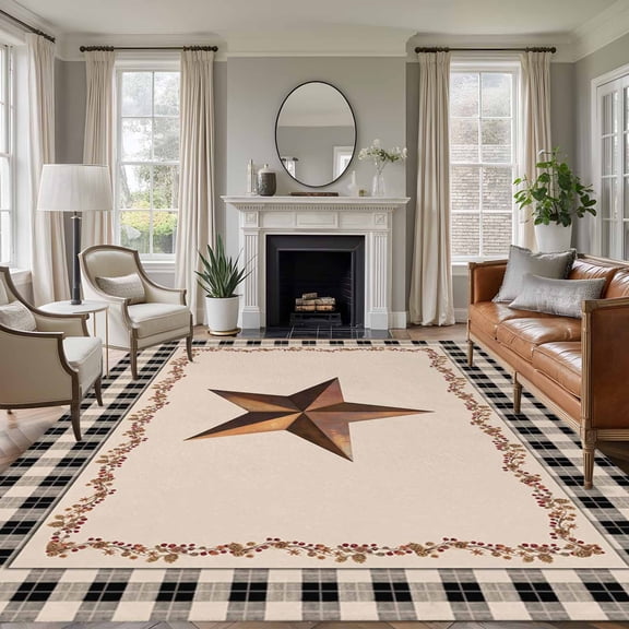 Western Texas Star Retro Area Rug 5x8 Washable Rug Non Slip Rustic Vintage Berry Black Beige Plaid Large Area Rug Soft Stainresistant Indoor Floor Carpet for Bedroom Home Office Dining Room