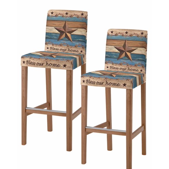 Western Texas Star Retro Bar Stool Covers Set of 2, Country Farmhouse Dark Blue Brown Wooden Stretch Bar Chair Covers with Backs, Removable Pub Counter Height Chair Cover for Kitchen Dining Room Cafe