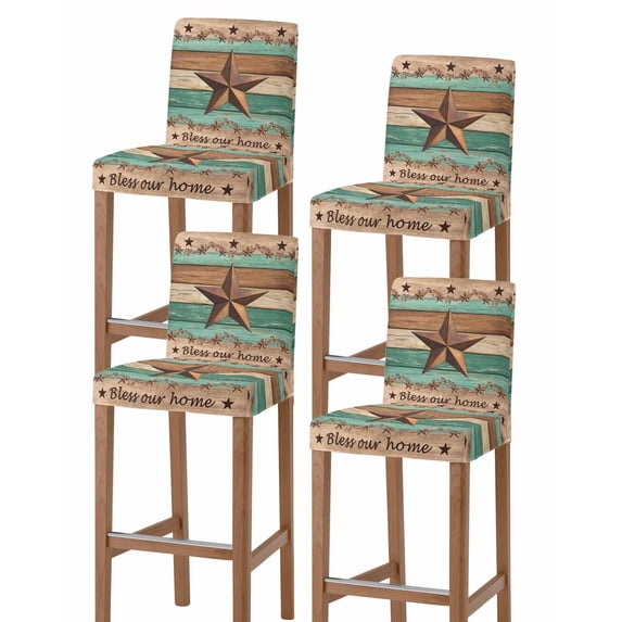 Western Texas Star Retro Bar Stool Covers Set of 4, Vintage Farmhouse Brown Teal Wooden Stretch Bar Chair Covers with Backs, Removable Pub Counter Height Chair Cover for Kitchen Dining Room Cafe