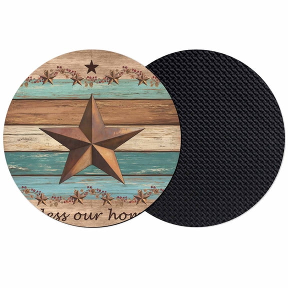 Western Texas Star Retro Coasters Set of 2, Absorbent Coasters for Drinks, Country Farmhouse Teal Brown Wood Grain Coaster for Desk Coffee Table Protection, Home Decor House Warming Gifts 4"