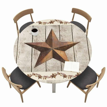 Western Texas Star Retro Fitted Tablecloth with Elastic Edged, Round Table Cloth for Dining Table, Country Farmhouse Gray Wood Grain Waterproof Oil Proof Table Cover for Indoor Outdoor 36"-44"