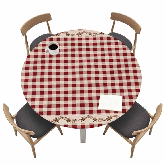 Western Texas Star Retro Fitted Tablecloth with Elastic Edged, Round Table Cloth for Dining Table, Country Vintage Red Beige Plaid Waterproof Oil Proof Table Cover for Indoor Outdoor 36"-44"