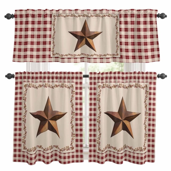 Western Texas Star Retro Kitchen Curtains Sets for Windows 24 Inch Length, Rustic Vintage Farm Red Beige Plaid Rod Pocket Window Treatments Tier Curtains and Valances Set for Bedroom/Bathroom